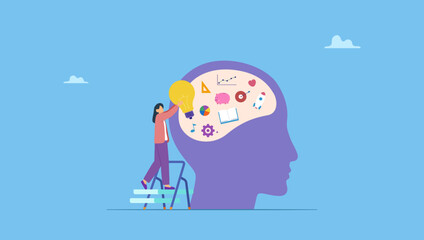 Upskill, learn new things or knowledge development for new skill and improve job qualification. Woman putting light bulb ideas, books and and other things into human head to upgrade working skill.