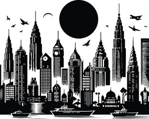 Big city skyline vector icons with white background