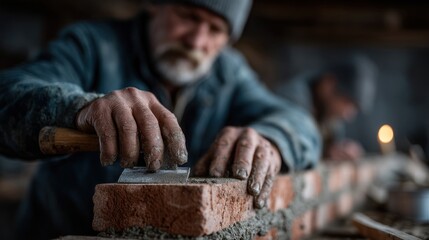 skilled mason works diligently with bricks in a rustic workshop at dawn. artisan shows attention to detail, applying mortar and ensuring precise placement, projecting expertise
