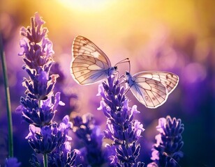 Naklejka premium Two lilac butterfly on Lavender flowers in rays of summer sunlight in spring outdoors macro .jpg