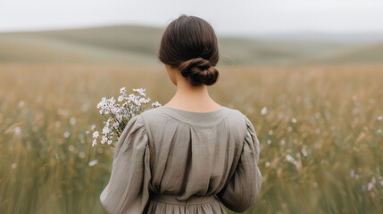 Woman in an olive linen dress standing with her back to the viewer, holding a bouquet of wildflowers in a tranquil field. Evokes a serene, natural, and bohemian mood