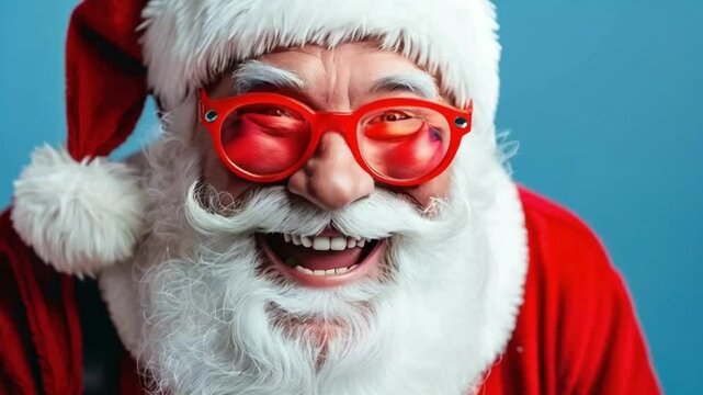jolly santa claus with bright red eyeglasses cheerful christmas character portrait.