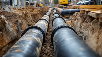 Modern construction of insulated pipes laid in trench for district heating system supplying residential buildings. Engineering infrastructure for urban home. Pipeline technology, thermal efficiency, i