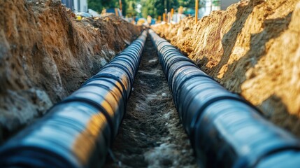 Modern construction of insulated pipes laid in trench for district heating system supplying residential buildings. Engineering infrastructure for urban home. Pipeline technology, thermal efficiency, i