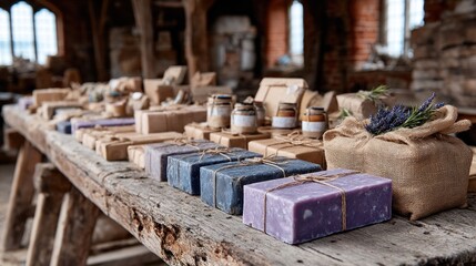 Various handmade soaps and artisanal items are arranged neatly on a rustic wooden table in a workshop. Natural light fills the space, highlighting the creative packaging and unique designs