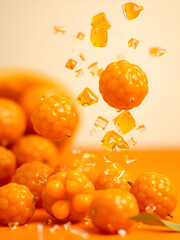 Delicious ripe granadillas falling on orange background