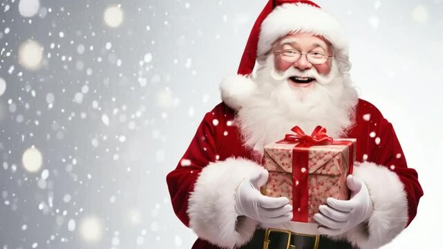 jolly santa claus with rosy cheeks and twinkling eyes holding a beautifully wrapped gift soft falling snow and magical sparkles surround him against a crisp white background