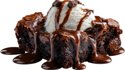 Decadent Chocolate Brownie with Vanilla Ice Cream isolated on a white background