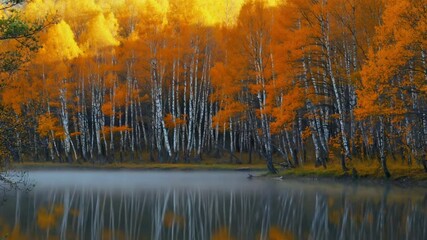 Serene autumn forest dawn, vibrant orange trees mist calm reflective lake soft morning piercing fog, reflections water surface tranquil mood, slow gentle camera pan, high-definition cinematic quality - Powered by Adobe