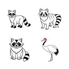 Adorable black and white drawings of raccoons and crane for childrens designs