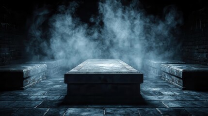 Underground crypt dungeon with foggy air, floating ghostly spirits, and rows of decayed coffins