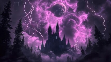 Dark enchanted storm forming over a haunted castle, swirling purple clouds, eerie lightning illuminating the gothic structure