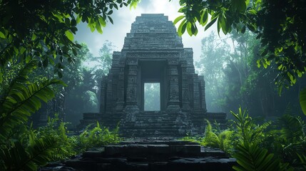 Deep jungle temple overgrown with glowing vines, hidden beneath layers of mist and ancient magic