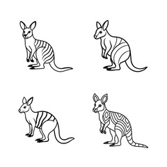 Black and white outlined illustrations of various kangaroo poses on a white background