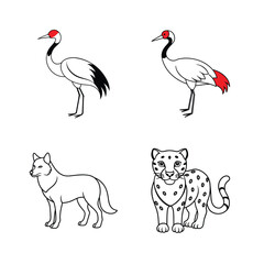 Line art illustrations of four animals including crane, leopard, and wolf on white background