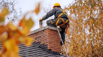 Roofer in safety gear fixes a brick chimney, focusing on structural integrity, home maintenance, and weatherproofing for long-term durability.