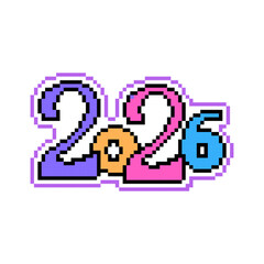 2026 written in pixel art font, design element for Happy New Year holiday cards, party invitations, banners, flyers, posters, stickers, prints