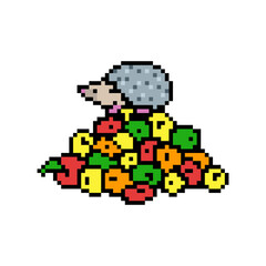 Cute hedgehod on a pile of apples, pixel art scene isolated on white background. Autumn harvest symbol.