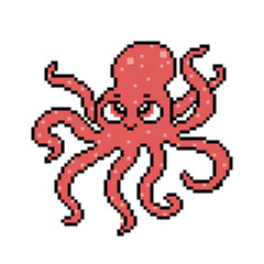 Happy smiling red octopus isolated on white background, cute cartoon pixel art character