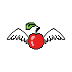 Red apple with a green leaf and white angel wings, vector pixel art illustration isolated on white background