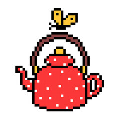 Cute red kettle with white polka dot pattern and a yellow butterfly, pixel art scene isolated on white background.