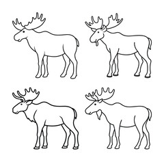 Four black and white outlined moose in various poses for wildlife designs