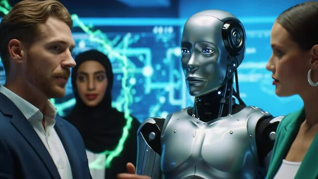Business man and woman meeting in a modern futuristic office in front of a robot, discussing artificial intelligence, innovation and diversity in technology