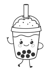 Vector illustration of a kawaii iced bubble tea cup with a dome lid, whipped topping, large straw and tapioca pearls, smiling and walking. Line art isolated illustration.