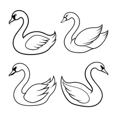 Simple outline illustrations of graceful swans in black and white for elegant design projects