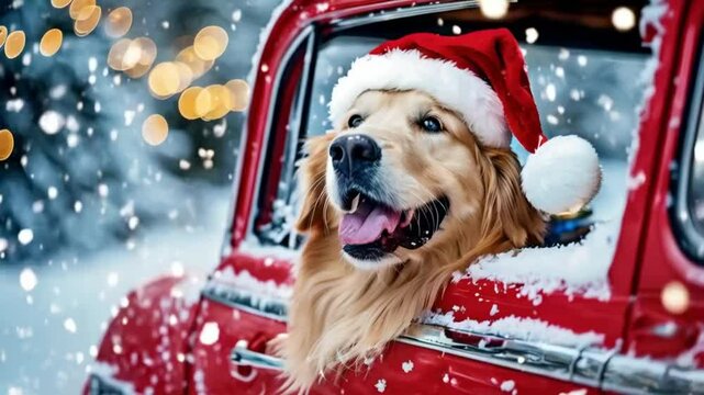 joyful golden retriever wearing santa hat leaning out of vintage car window snowy landscape and twinkling lights create a magical christmas journey scene.
