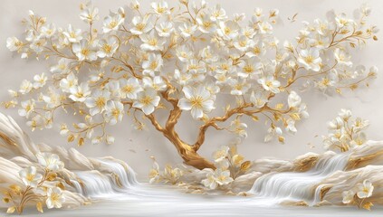White Blossoming Tree with Gold Branches and Waterfall
