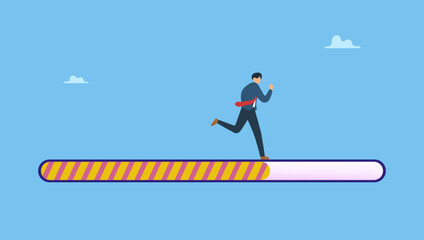 A businessman running on a progress bar. Symbolizes progress or journey to success or achieve goal, business step or career path, mission or challenge to succeed, improvement.