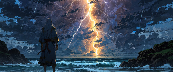 Anime Character Staring at Lightning Storm over Ocean with Dramatic Sky