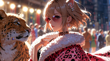 Anime Style Woman in Leopard Coat and Sunglasses Walking with Big Cat