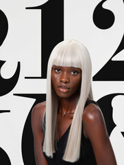 Black Fashion Model with Long Platinum Blonde Hair in Front of Bold Numbers