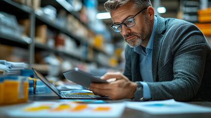 Focused businessman working at a warehouse desk with a tablet and laptop. He is reviewing documents and data.
