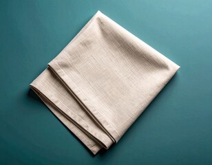 Folded Beige Linen Napkin on Dark Teal Fabric Background with Shadow