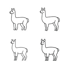 Four black and white outlined llamas standing on a plain white background in different poses