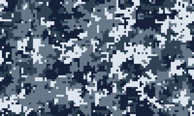 Fototapeta premium Abstract digital camouflage pattern in shades of blue and grey. Ideal for backgrounds, textiles, or militarythemed designs. The pixelated texture evokes a sense of mystery and concealment.