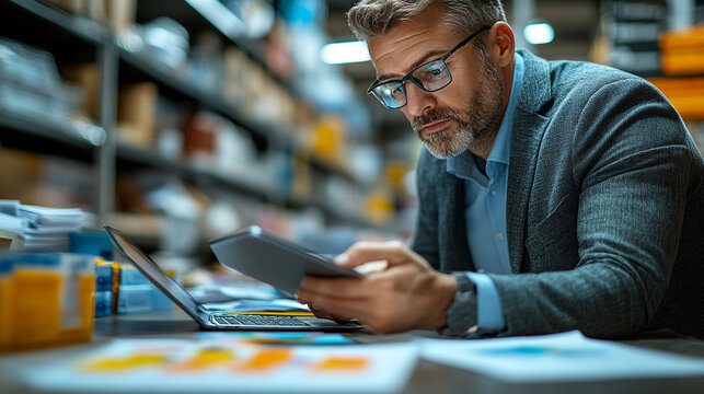 Focused businessman working at a warehouse desk with a tablet and laptop.  He is reviewing documents and data.
