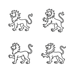 Set of four heraldic lion outline illustrations in various poses for design elements