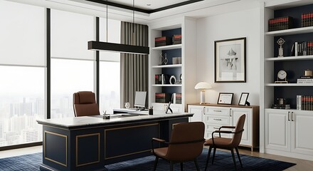 Professional Workspace with Sleek Desk, Dual Chairs, and Built-In Bookshelves in a Bright, Organized Office