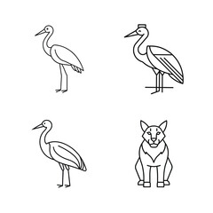 Minimalist illustration of elegant cranes and a wild cat in modern line art style