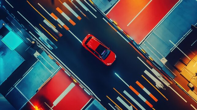 Top-Down View of Autonomous Vehicle Pathfinding UI on Brightly Painted City Roads