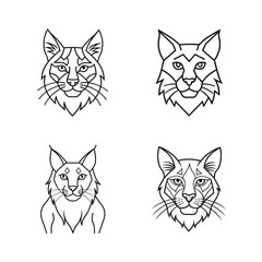 A set of stylized black and white lynx head illustrations on a white background