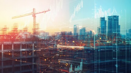 Transparent digital graphs and charts superimposed over an active construction site, highlighting real-time budget monitoring and expense management


