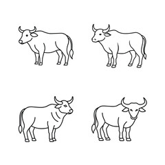 Simple outline illustrations of four different buffaloes in standing poses black and white
