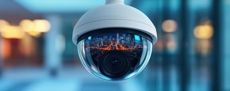 Close-up of urban evening lights monitored by surveillance cameras