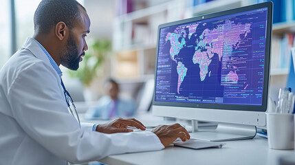 Focused doctor working on a computer with a world map graphic overlay.