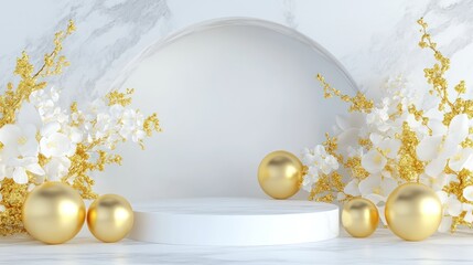 Fototapeta premium White marble platform with gold orbs and white flowers.